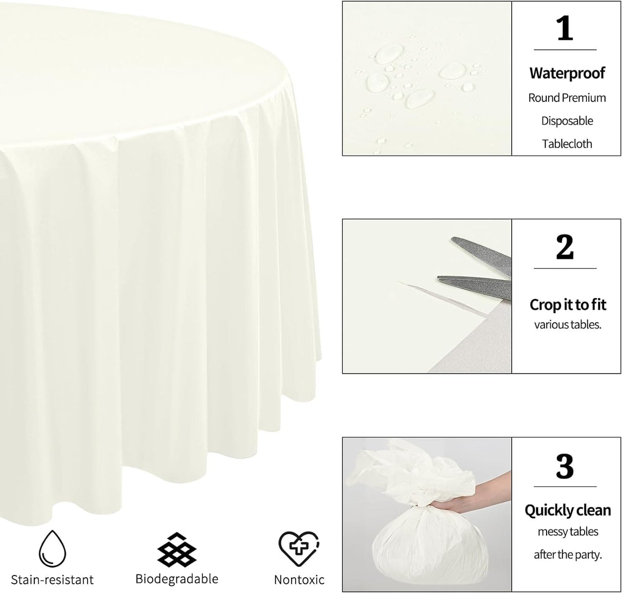 15/24/48 Pack Plastic Round Tablecloth60/ 84/96 inch Ivory Disposable Round Table Covers, Premium PEVA Water Resistant Circle Plastic Tablecloth for Wedding, Parties, Holiday Dinner, Baby Shower