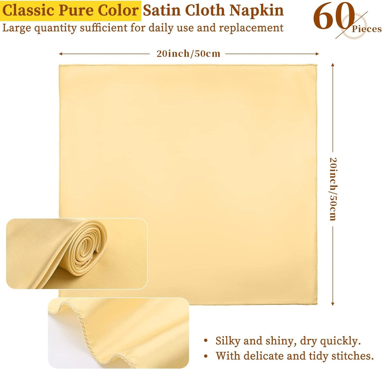 60 Pack Satin Napkins Satin Soft Dinner Napkins Square Table Napkins Washable Oversized Hemmed Table Napkins for Wedding Banquet Restaurant Party Dinner Decoration