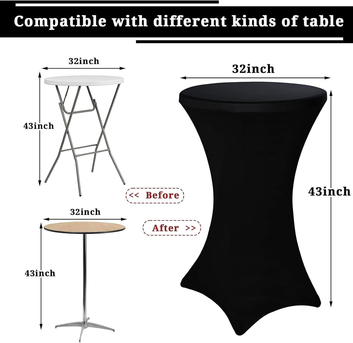 6 Pack Cocktail Spandex Stretch Square Corners Tablecloth 32"x43" Black Fitted High Top Table, Cocktail Round Tablecloth Table Cover for Bar Wedding Cocktail Party Banquet Table