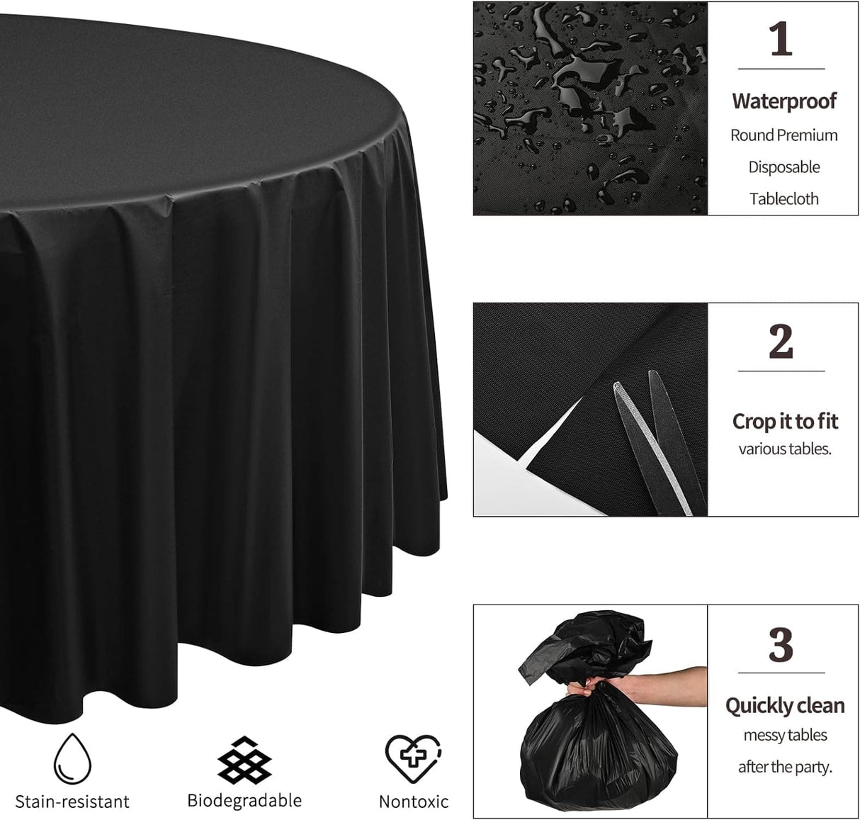 15/24/48 Pack Plastic Round Tablecloth 60/84/96 inch Black Disposable Table Covers, Premium PEVA Water Resistant Circle Plastic Tablecloth for Wedding, Parties, Holiday Dinner, Buffet, Baby Shower