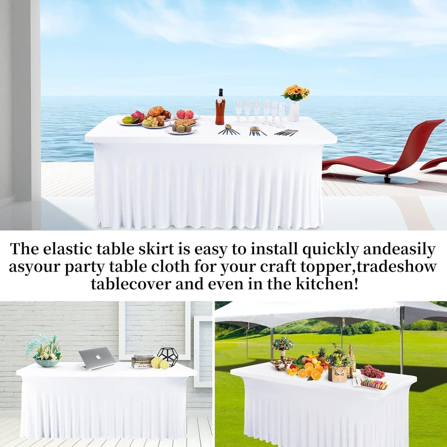 6FT/8FT CKDLINS Spandex Table Skirt Fitted White Stretch Tablecloth,One-Piece Wrinkle-Resistant Ruffles Design Installs in Seconds,Perfect for Rectangle Tables Banquets Parties Wedding Thanksgiving
