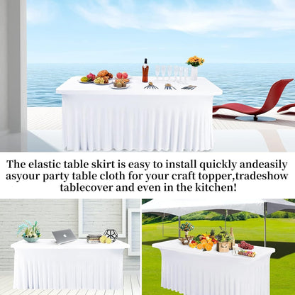 6FT/8FT CKDLINS Spandex Table Skirt Fitted White Stretch Tablecloth,One-Piece Wrinkle-Resistant Ruffles Design Installs in Seconds,Perfect for Rectangle Tables Banquets Parties Wedding Thanksgiving