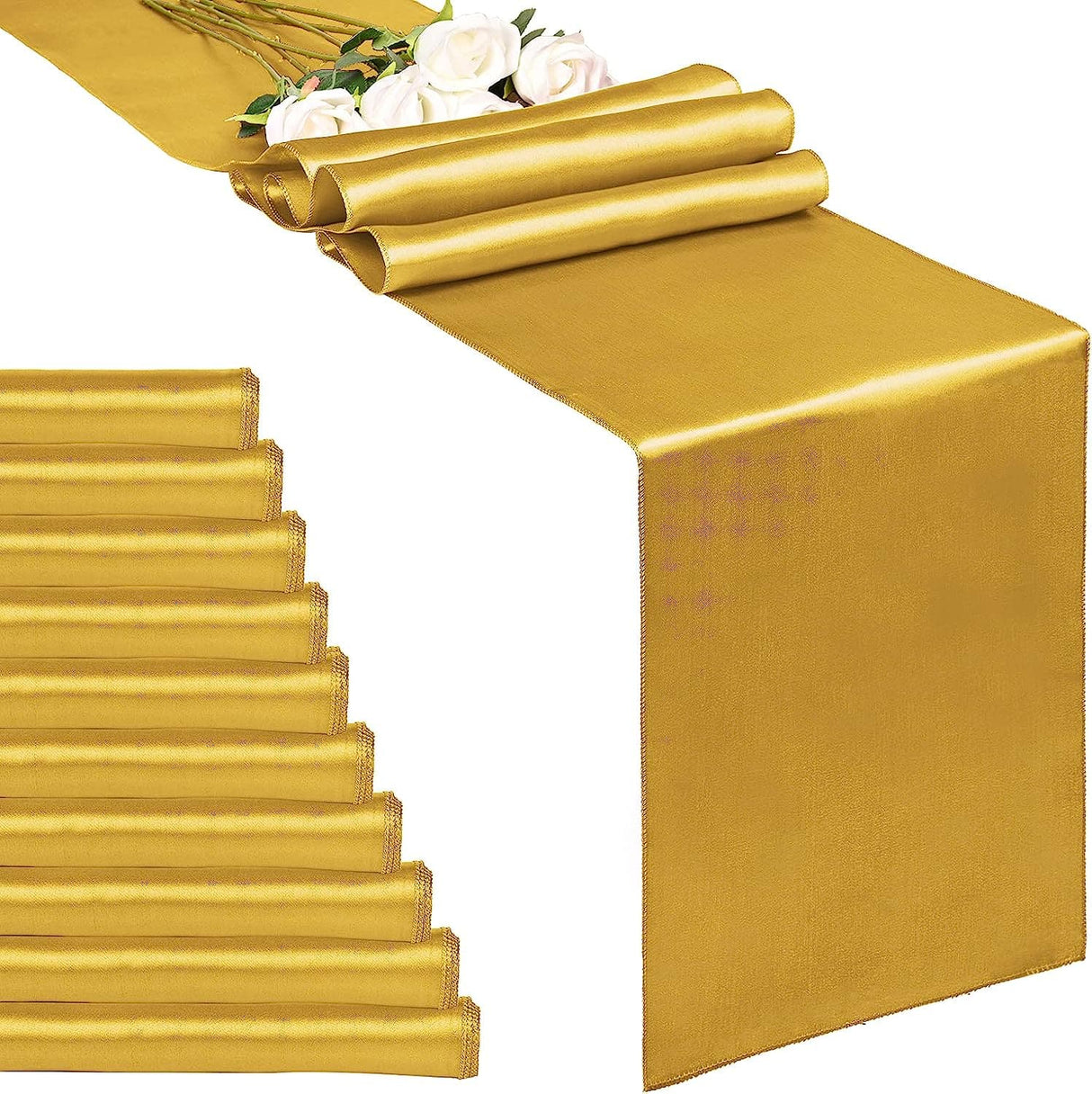 10-Pack Gold 12 x 108 inches Long Premium Satin Table Runner for Wedding, Decorations for Birthday Parties, Banquets, Graduations, Engagements, Table Runners fit Rectange and Round Table