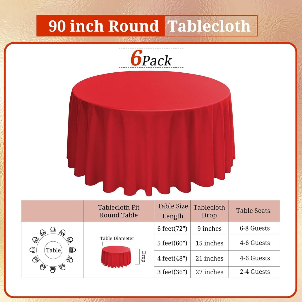 2/4/6 Pack Round Tablecloths - 60/90/108 Inch, Red Polyester Table Cover for Round Table, Stain and Wrinkle Resistant Washable Fabric Table Cloth, Polyester Tablecloth for Wedding Banquet Parties