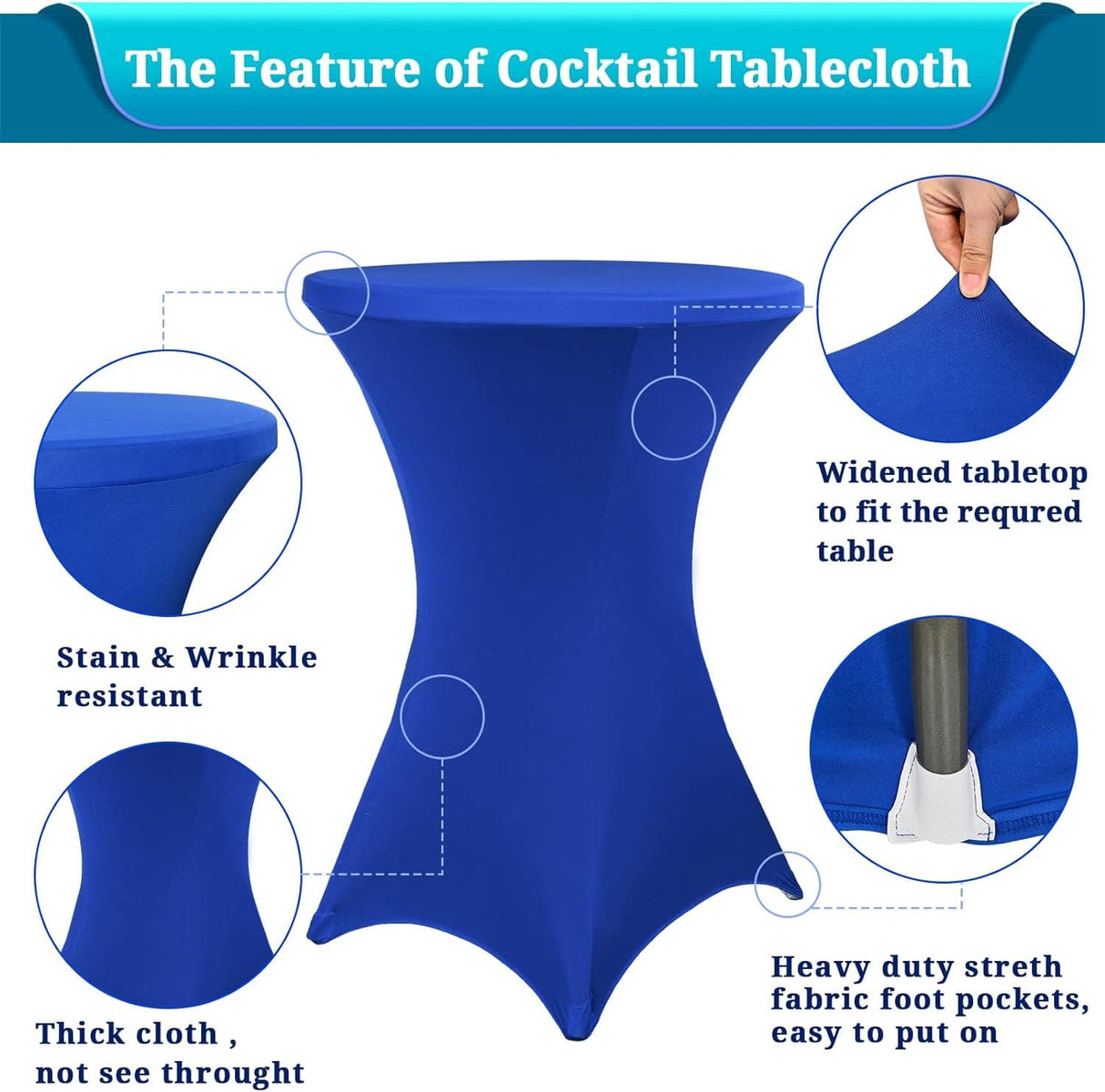 2/6/10 Pack Cocktail Spandex Square Corners Tablecloth 32"x43" Royal Blue Fitted High Top Table, Cocktail Round Tablecloth Table Cover for Bar Wedding Cocktail Party Banquet Table