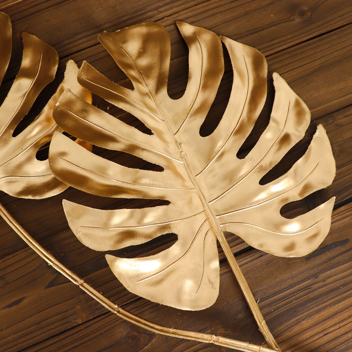3 Pack Shiny Golden Artificial Tropical Plant Palm Leaf Stems, Faux Monstera Leaves, Floral Arrangements Table Centerpiece Decor 29"