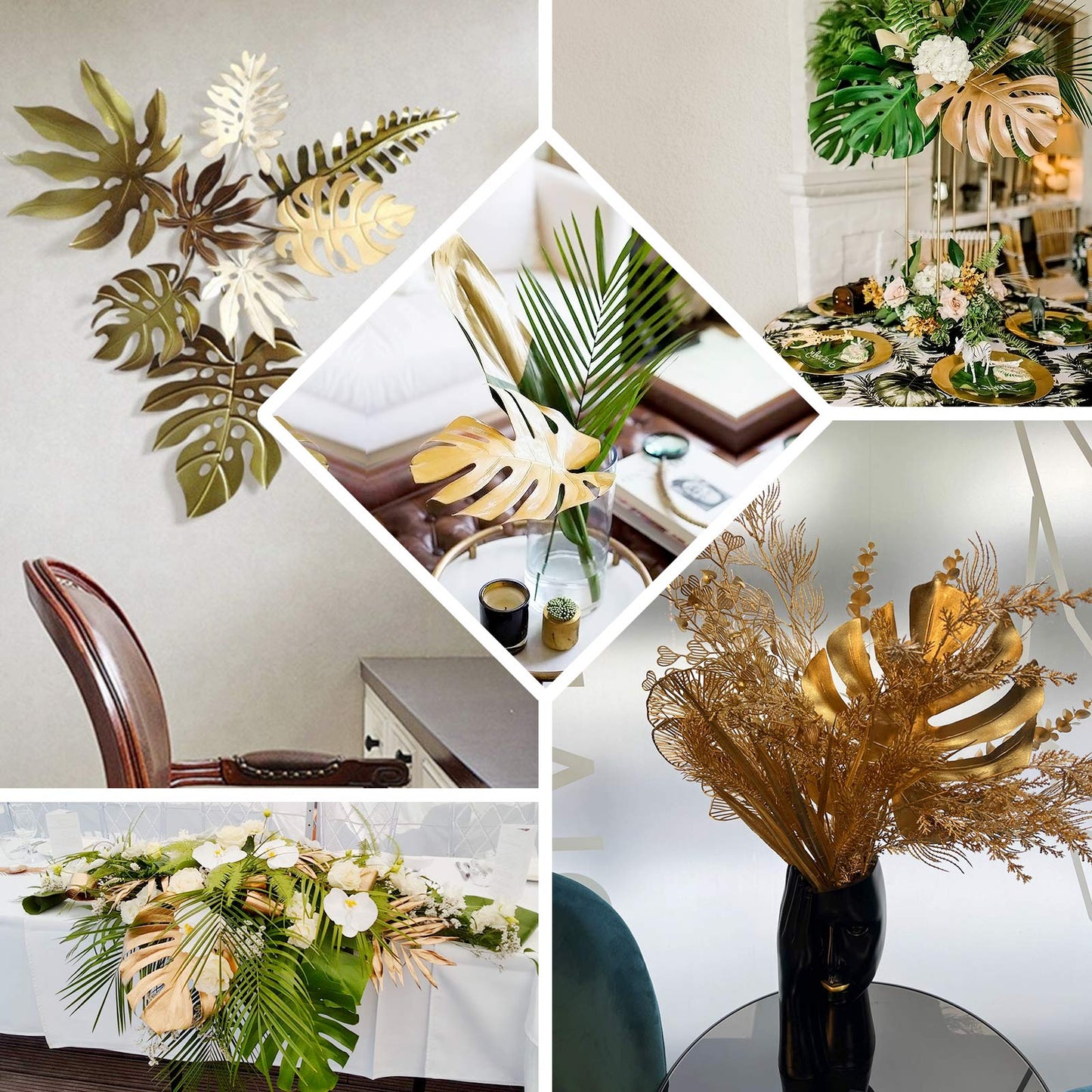 3 Pack Shiny Golden Artificial Tropical Plant Palm Leaf Stems, Faux Monstera Leaves, Floral Arrangements Table Centerpiece Decor 29"