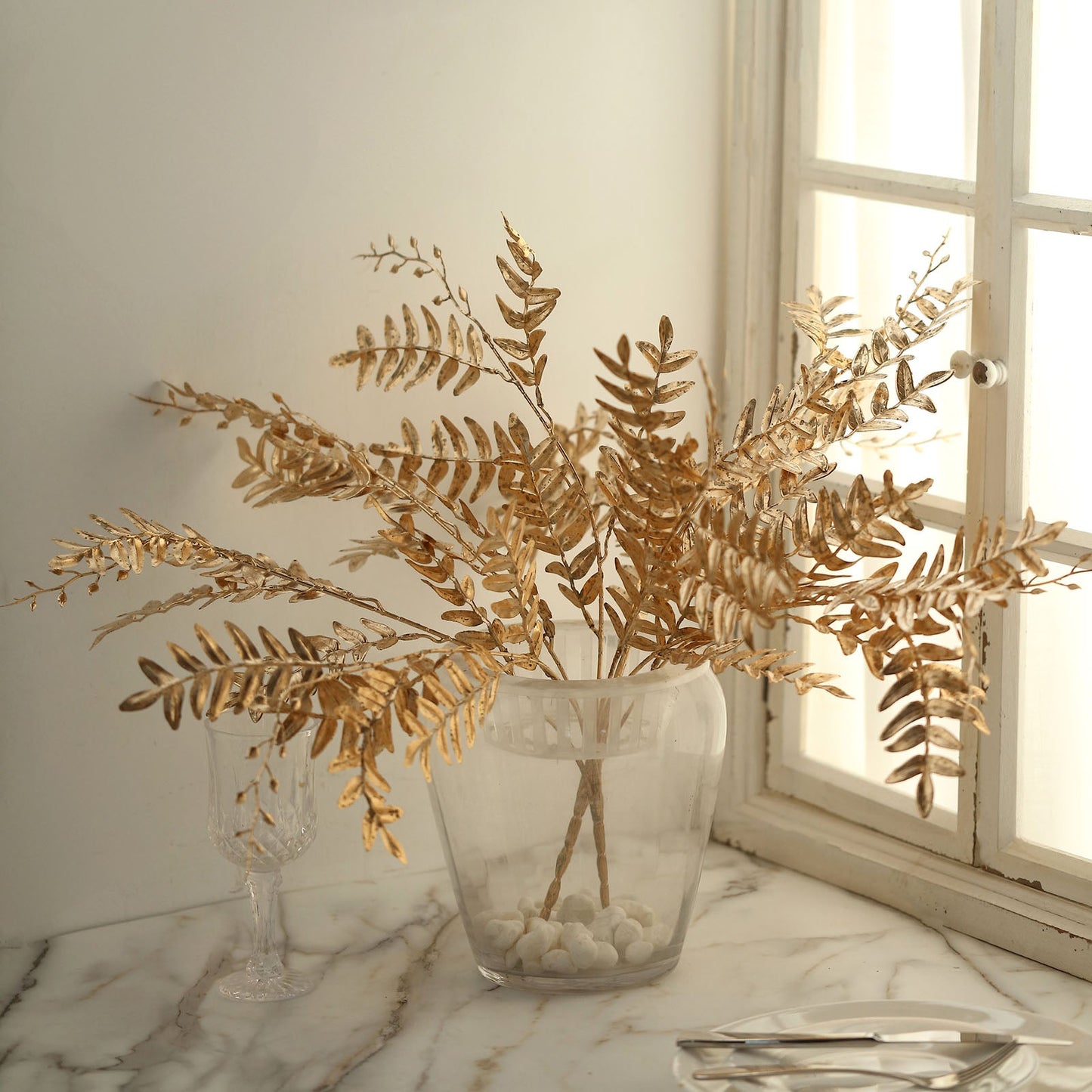 2 Pack Metallic Gold Artificial Fern Leaf Branches, Faux Decorative Bouquets 21"