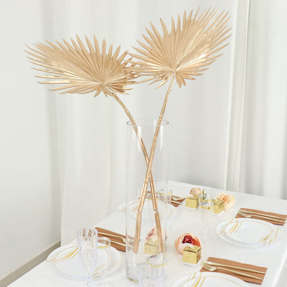 2 Pack Shiny Golden Artificial Tropical Plant Fan Palm Leaf Stems, Faux Floral Arrangements Table Centerpiece Decor 34"