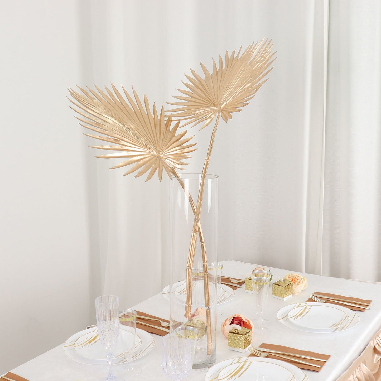 2 Pack Shiny Golden Artificial Tropical Plant Fan Palm Leaf Stems, Faux Floral Arrangements Table Centerpiece Decor 34"