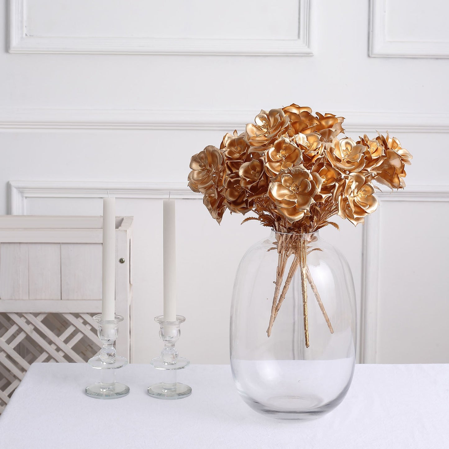 2 Pack Metallic Gold Artificial Rose Bloomed Flower Bouquet, Open Flower Floral Arrangement Holiday Decor 17"