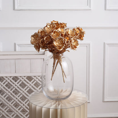 2 Pack Metallic Gold Artificial Rose Bloomed Flower Bouquet, Open Flower Floral Arrangement Holiday Decor 17"