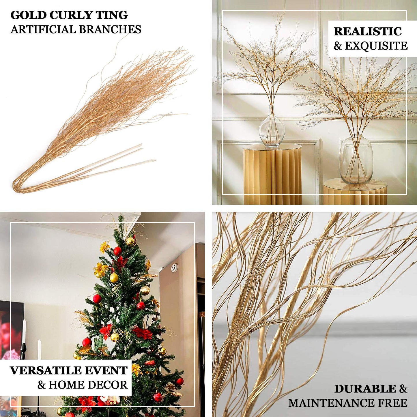 4 Pack Metallic Gold Artificial DIY Long Stem Twig Vase Fillers, Bendable Craft Curly Branch Willow Sprays 39"