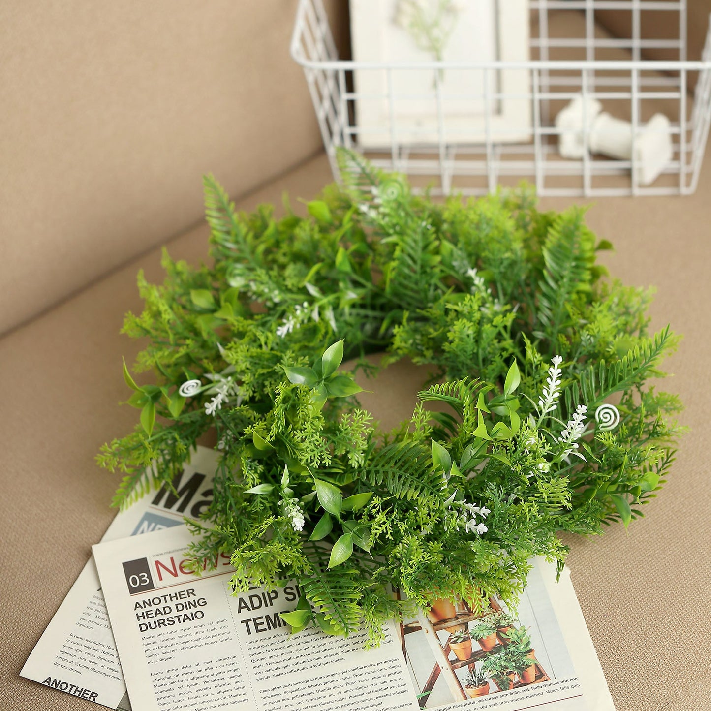 2 Pack Green Artificial Fern Leaf Mix Pillar Candle Ring Wreaths 4"