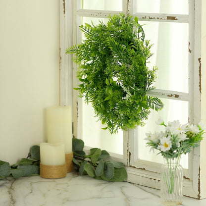 2 Pack Green Artificial Fern Leaf Mix Pillar Candle Ring Wreaths 4"