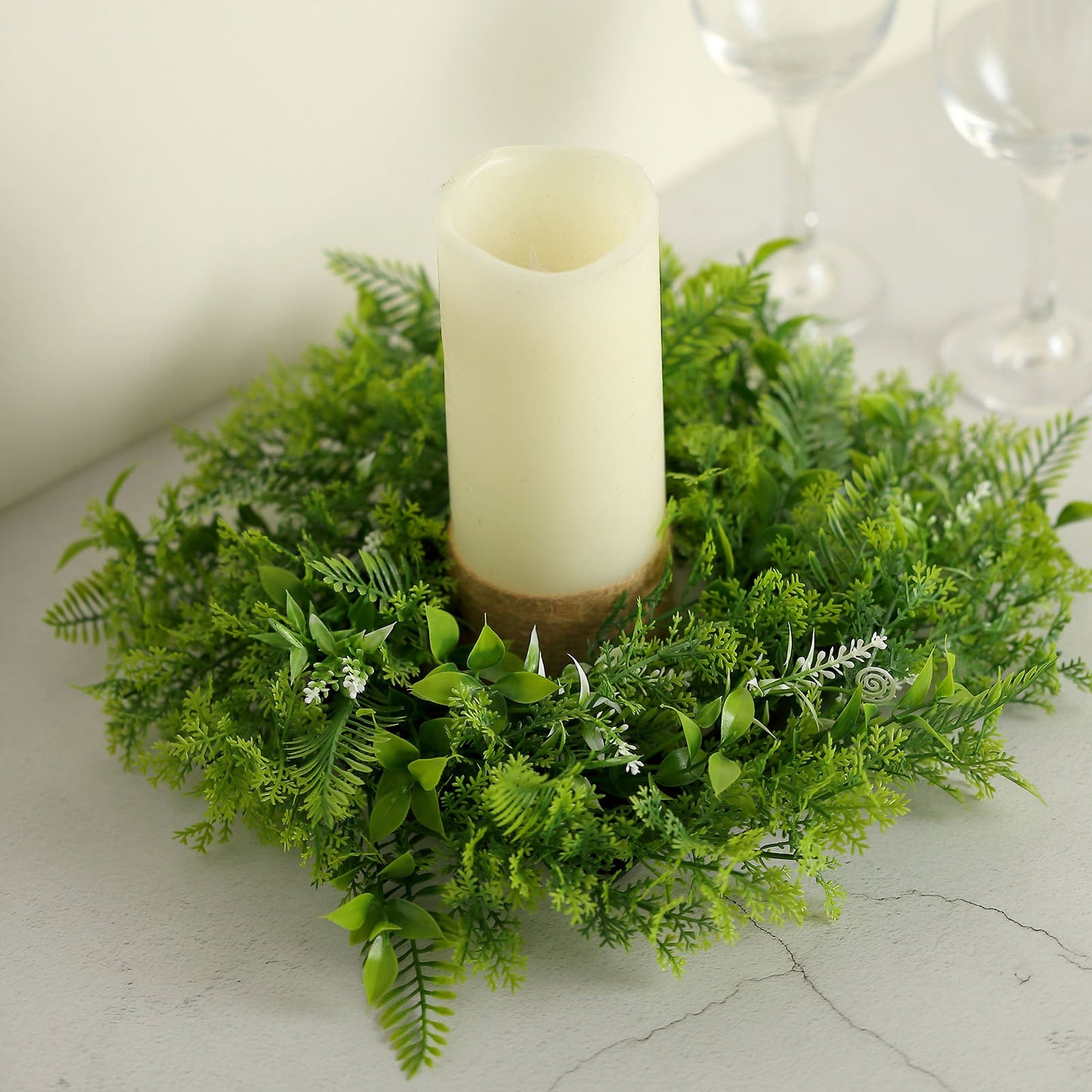 2 Pack Green Artificial Fern Leaf Mix Pillar Candle Ring Wreaths 4"