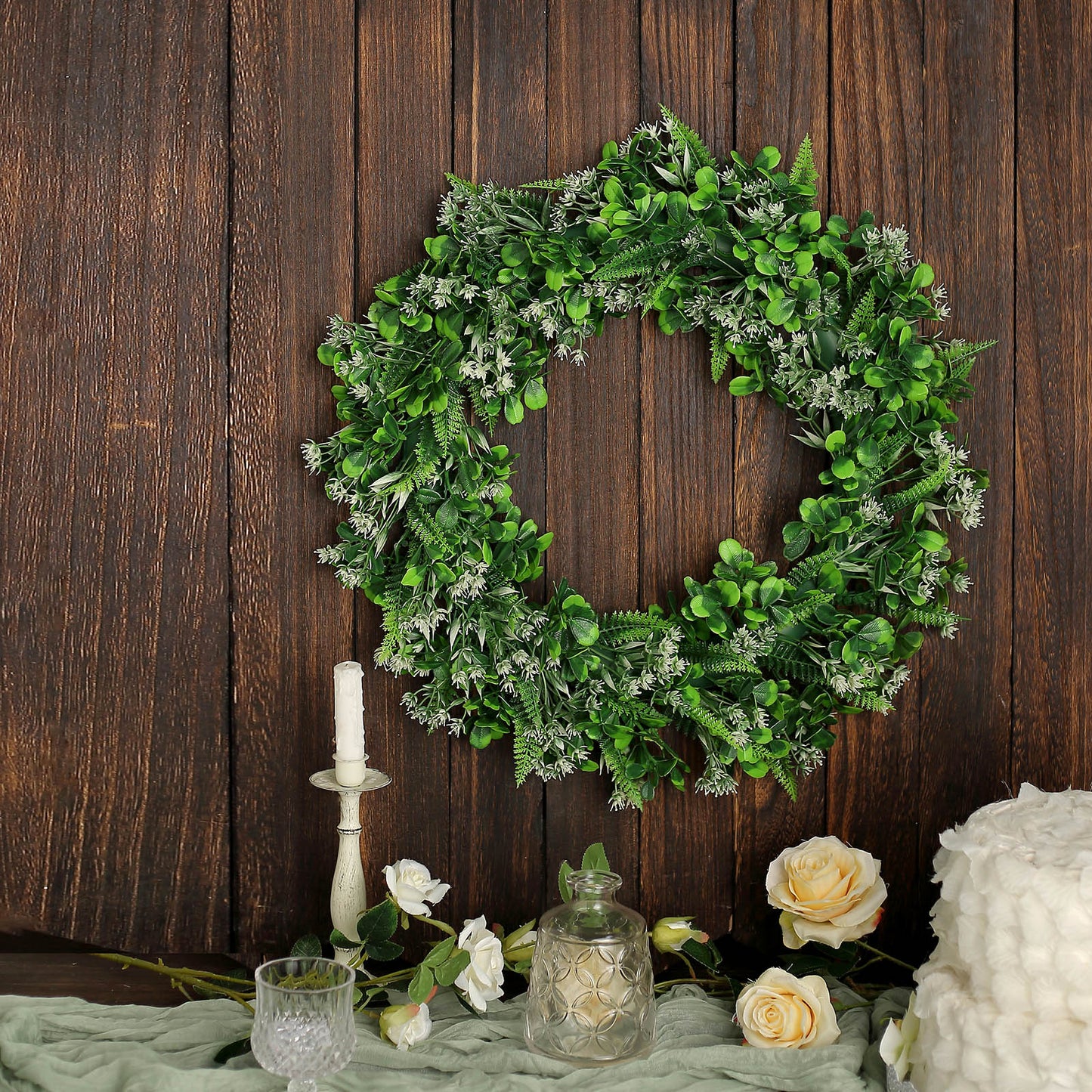 2 Pack White/Green Artificial Lifelike Boxwood Fern Mix Spring Wreaths 22"