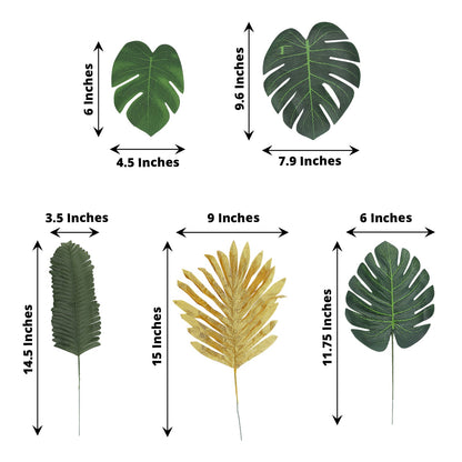 28 Pack Green And Gold Artificial Jungle Theme Palm Leaves, Assorted Silk Tropical Monstera Branches