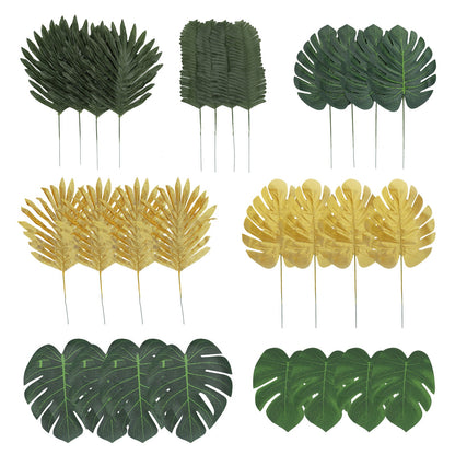 28 Pack Green And Gold Artificial Jungle Theme Palm Leaves, Assorted Silk Tropical Monstera Branches