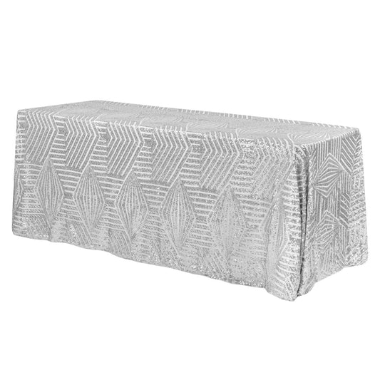 Geometric Glitz Art Deco Sequin Tablecloth 90"x156" Rectangular - Silver