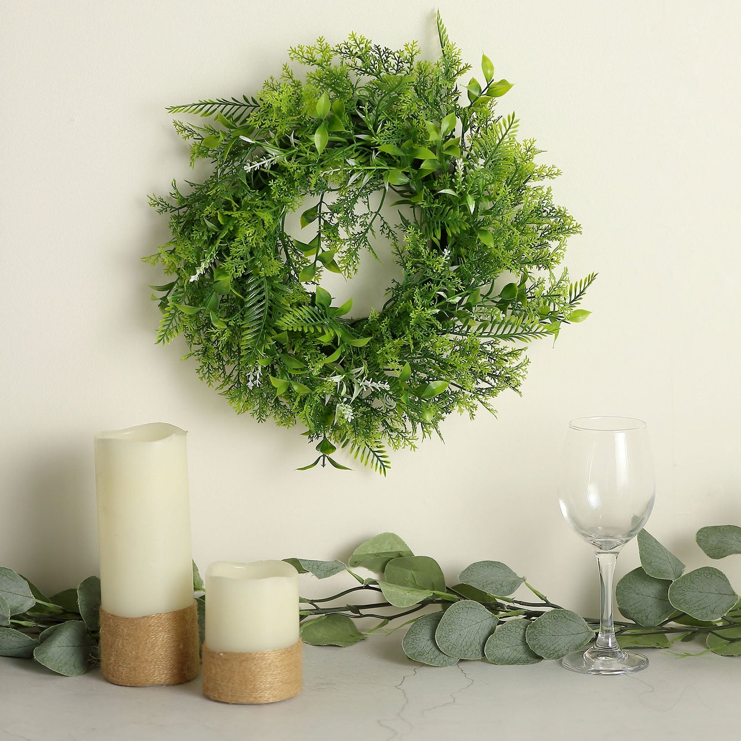 2 Pack Green Artificial Fern Leaf Mix Pillar Candle Ring Wreaths 4"