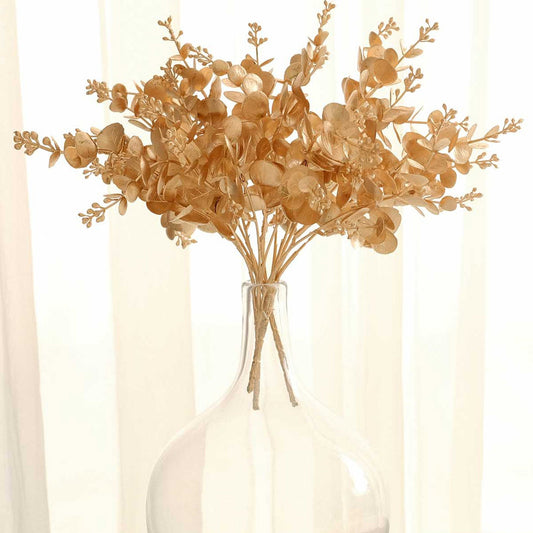 4 Pack Metallic Gold Artificial Eucalyptus Leaves Bushes, Faux Spray Plant Vase Fillers Floral Decor - 12"