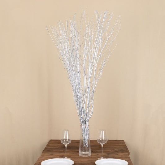 6 Pack Metallic Silver Decorative Birch Tree Branches, Extra Long Natural Dried Willow Twigs Sticks Vase Fillers - 46"