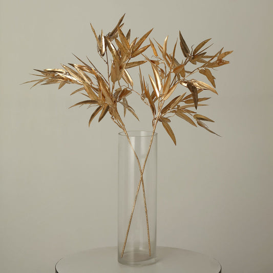 2 Pack Shiny Metallic Gold Faux Plant Arrangement Floral Stems, Artificial Bamboo Leaf Branches 33"