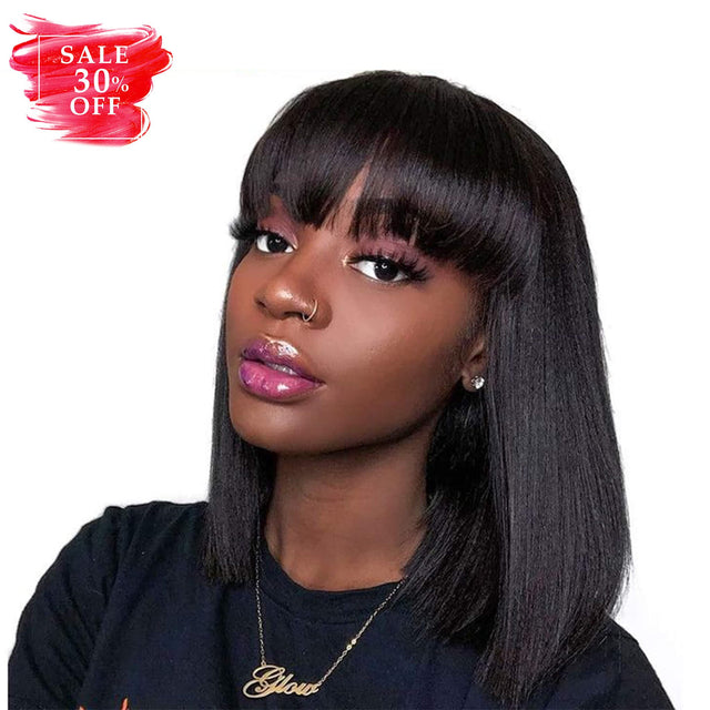 Human Hair Wigs with Bangs Bob Straight Wig Black - goldenrulehair