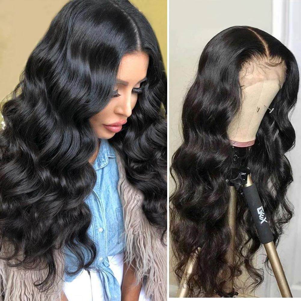 Perruque de cheveux humains sans colle, Loose Deep Wave, T Part Lace, noir naturel