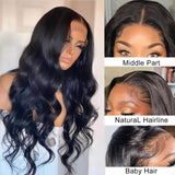 Perruque de cheveux humains sans colle, Loose Deep Wave, T Part Lace, noir naturel