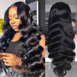 Perruque de cheveux humains sans colle, Loose Deep Wave, T Part Lace, noir naturel