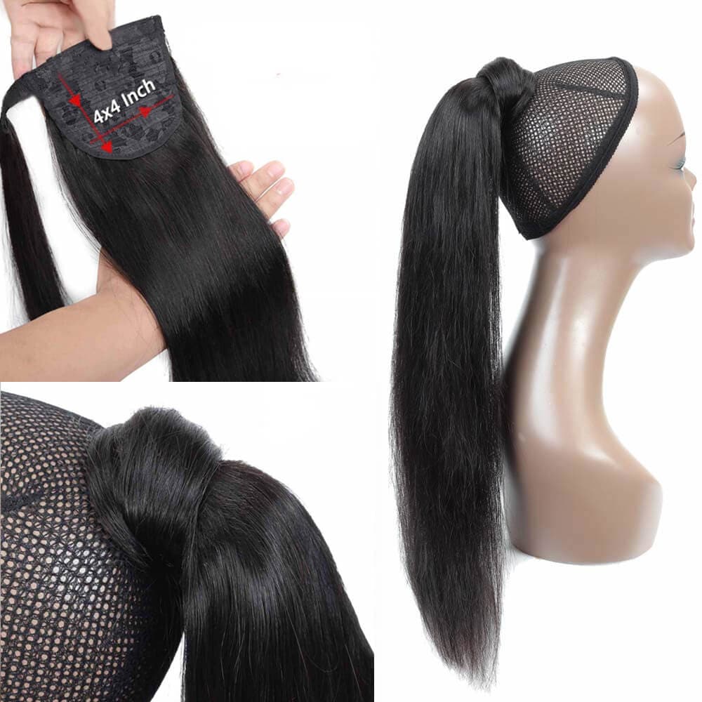 Human Hair Wrapped Ponytail Extensions Straight - goldenrulehair
